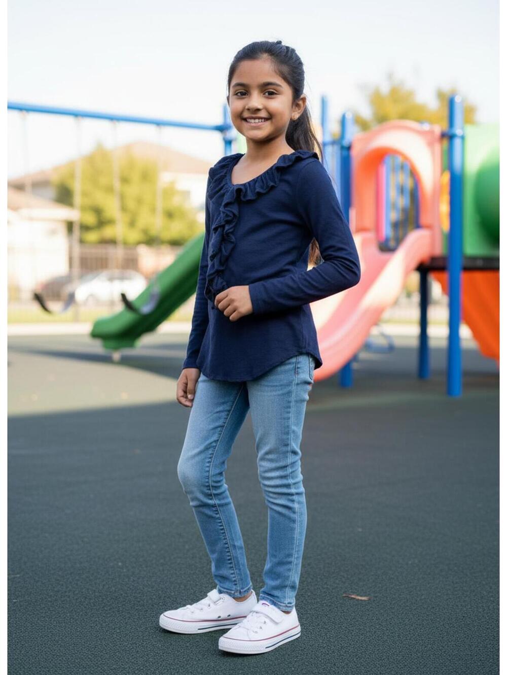 Ralph Lauren Girls Navy Blue Ruffle Collar Long Sleeve Top 6